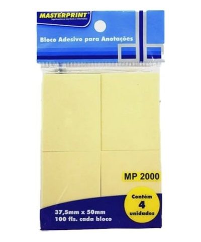 Bloco Adesivo para Anotações Amarelo 37.5x50mm com 4 Blocos de 100 Folhas Masterprint MP2000