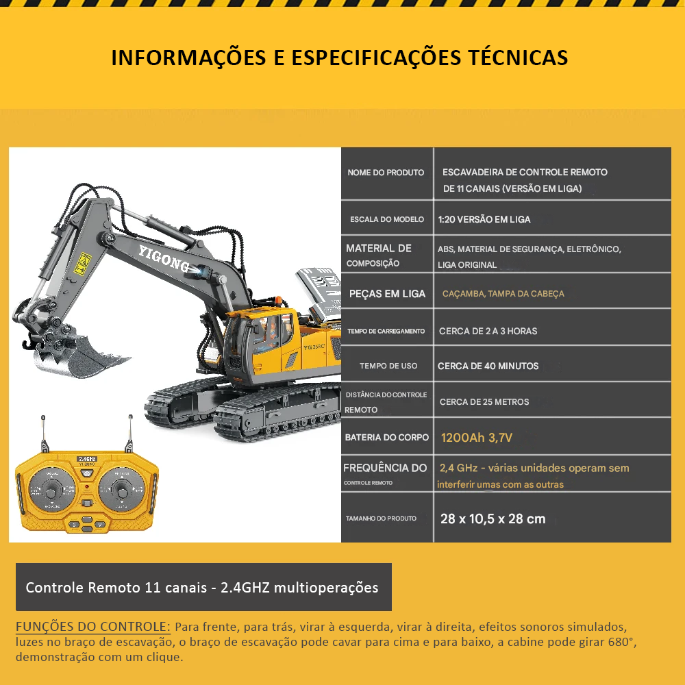 Escavadeira Réplica RC 1:20 com controle remoto 11 canais - Imagem 5