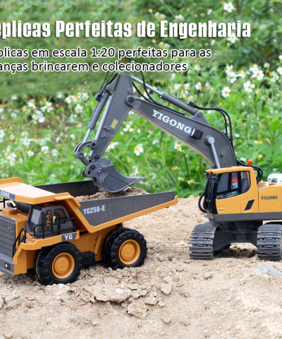 Kit escavadeira e caminhão réplica c/ controle remoto