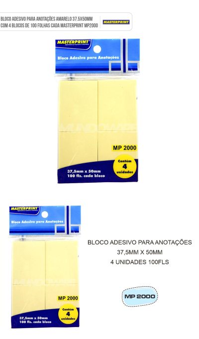 Bloco Adesivo 38x50 Amarelo 4x100 folhas