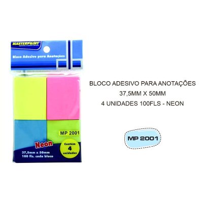 Bloco Adesivo para Anotações Masterprint, 37,5mm x 50mm, 4 x 100 Folhas - MP 2001