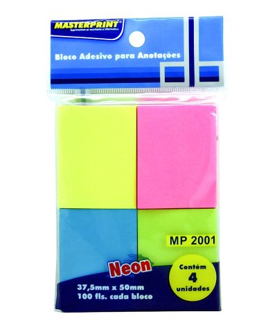 Bloco Adesivo para Anotações 4 Cores Neon 37.5x50mm com 4 Blocos de 100 Folhas cada Masterprint MP2001