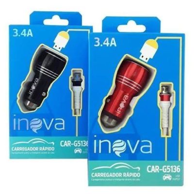 Carregador veicular com 2 USB e com cabo MicroUSB INOVA